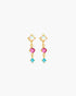 Pair of gold earrings with colorful gemstones on a white background